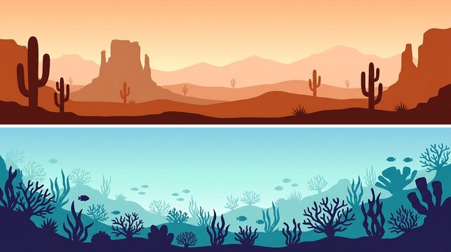 Desert and underwater landscape banners. Flat vector nature scenes with cacti and coral reef.
