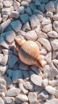 A beautiful shell rests atop a bed of smooth, light-colored pebbles under natural lighting