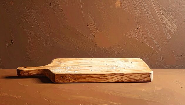Rustic wooden cutting board with handle on brown surface.
