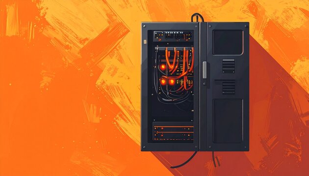 Open computer case with glowing internal components on orange background.
