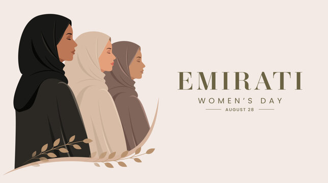 Emirati Women's Day Banner with Three Elegant Women in Traditional Hijabs and Minimal Beige Background Illustration