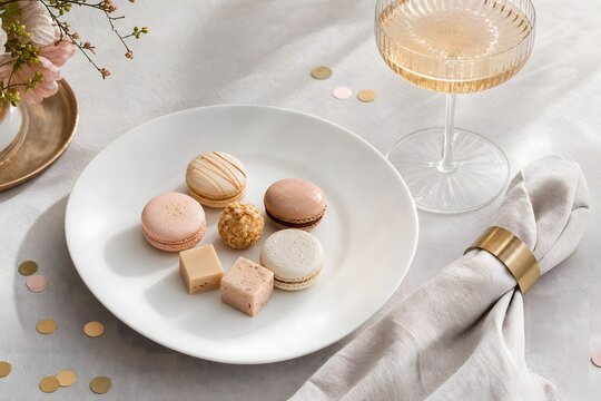 Assorted French Macarons and Gourmet Sweets on White Plate with Champagne