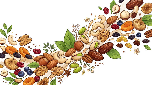 Dynamic Dried Fruits and Nuts Splash Banner Vector Illustration for Healthy Food Packaging and Snack Advertising