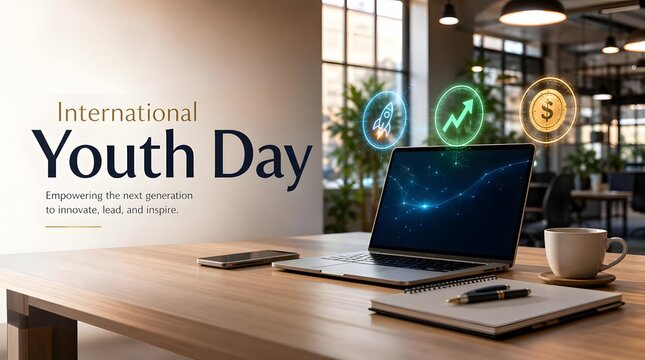 Modern Workspace with Laptop and Digital Innovation Concept for International Youth Day Copy Space Banner
