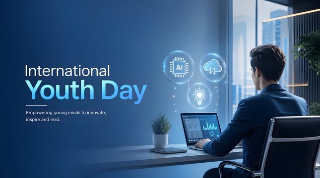 Young Professional Working at Modern Office with Copy Space for International Youth Day Awareness Campaign