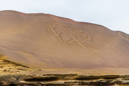 A view of Paracas Candelabro geoglyphs in Paracas Bay, Paracas, Peru in the dry season