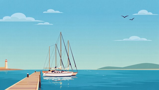 Flat vector illustration of sailboat moored at wooden pier near lighthouse with scene featuring sailboat distant lighthouse depicts flat landscape