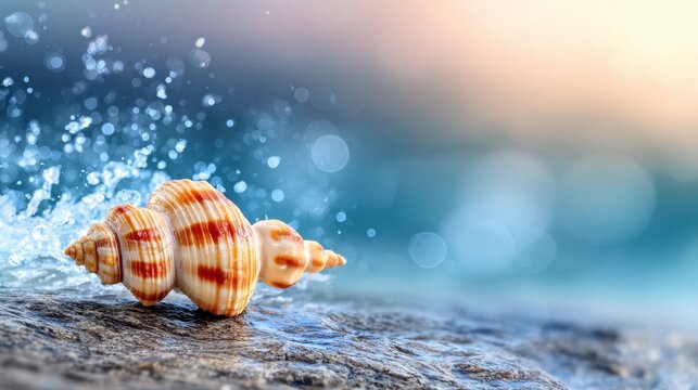 A beautifully detailed shell rests on a rocky surface as waves crash gently nearby