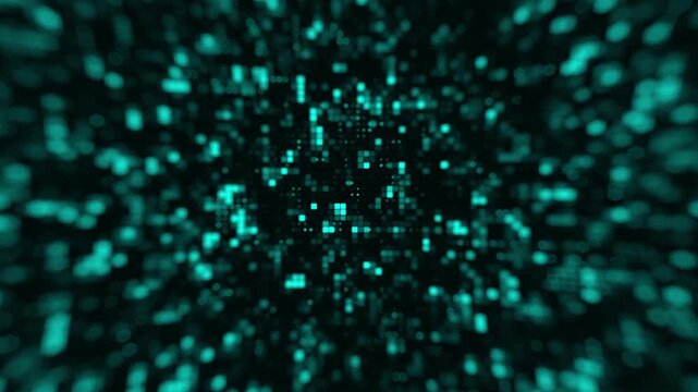 Teal digital particles blurry animation zooms from center source. Digital particles tracking line graphics flash on dark screens. Particles blurry style looks modern.