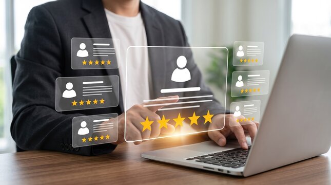 Modern customer review rating interface, businesswoman using laptop and smartphone. Five star feedback icons, CRM analytics concept