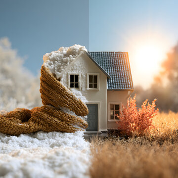 Miniature house wrapped in scarf split between snowy winter and dry autumn field with soft bokeh background