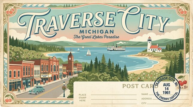 Vintage Traverse City, Michigan Postcard: Great Lakes Paradise Illustration with Downtown, Lighthouse & Bay. Retro 1961 Travel Art