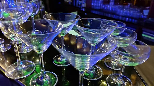 Empty martini drink glasses on bar countertop, Alcohol Beverage Cup, Shiny Crystal Tableware, Elegant Pub Glassware, Rotating Shot