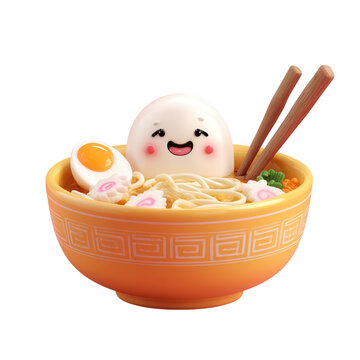 Cartoon egg character in a ramen bowl with chopsticks narutomaki and soft boiled egg transparent background