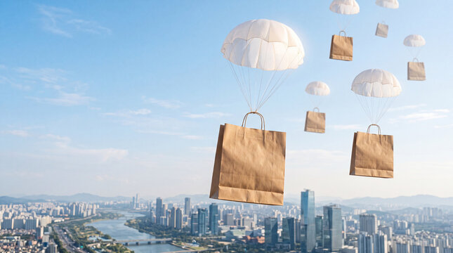 Brown paper bags descending from parachutes over a city skyline. Clear blue sky with a few clouds. Urban landscape with tall buildings and a river.