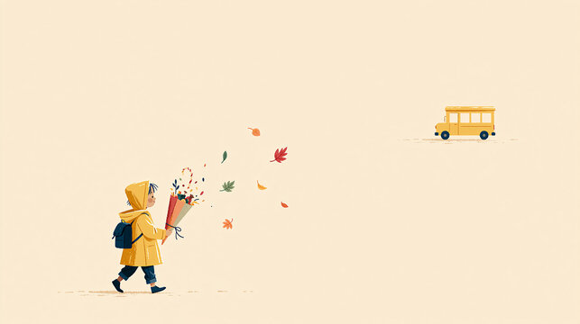 simple flat vector illustration of a child holding a paper cone (Schult&uuml;te) walking to school on an autumn morning, colorful autumn leaves swirling gently around, a yellow school bus in the distance