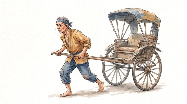 Man pulling a traditional rickshaw. Asian rickshaw runner in vintage historical clothing.