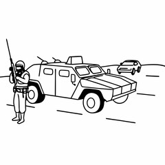 Obraz premium Cash transporter with a rifle standing by an armored vehicle on a road
