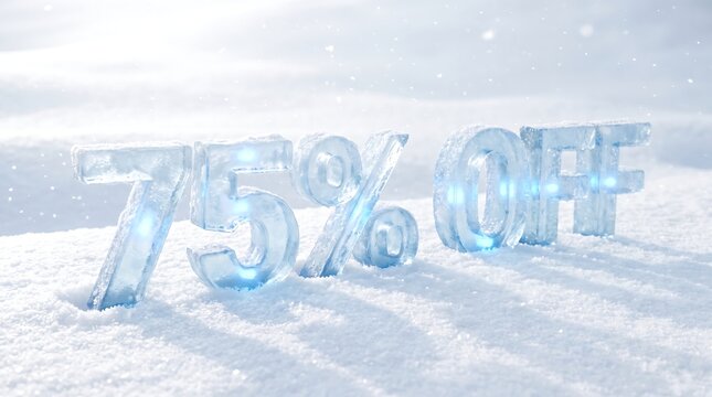 "Winter Sale 75% Off Ice Text on Snowy Background"