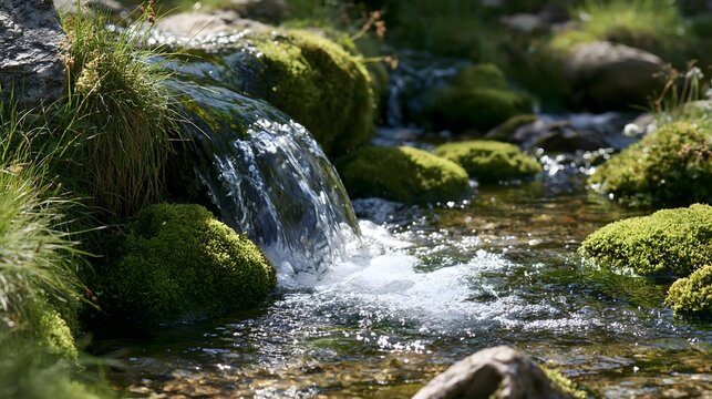 A clear stream flowing over moss-covered rocks in a lush green setting