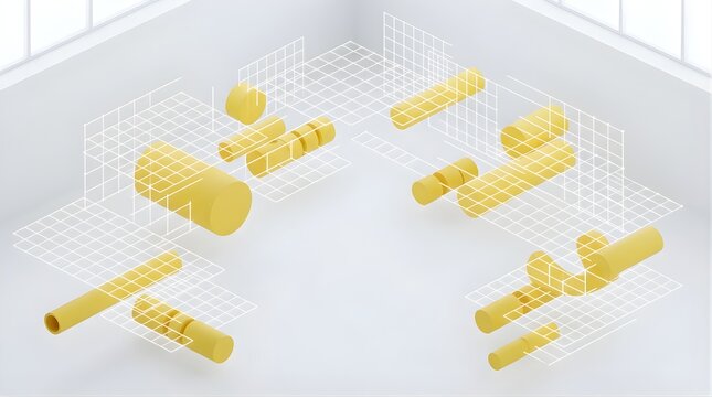 Abstract isometric background with yellow cylinders and white grid lines