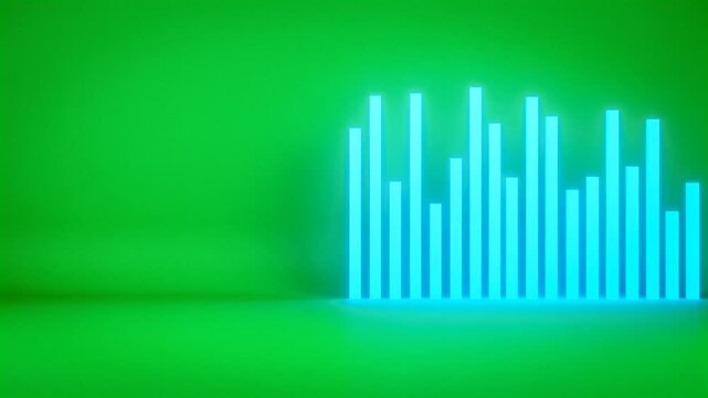 Blue glowing audio spectrum bars fluctuating on green background HD video for video editing