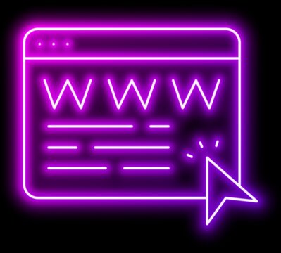 Www icon with pointer: simplistic web navigation symbol in black and white. Neon glowing effect icon
