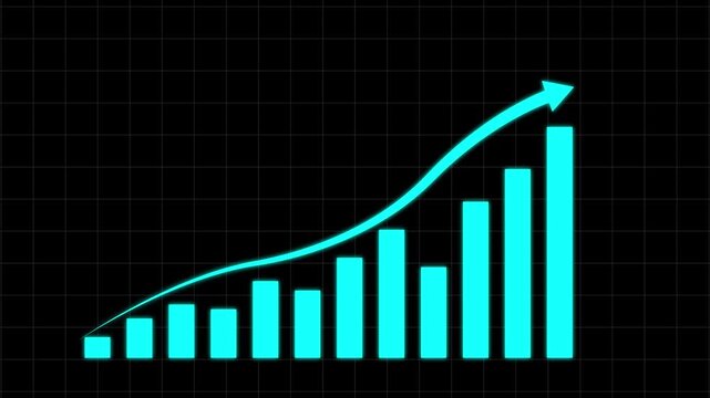 Cyan bar chart graph display animation shows dark grid boards. Bar chart analytics performance vector includes rising trend arrows. Graph display loop works for corporate.
