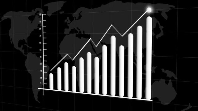 White bar chart data statistics animation displays a 3D layout. Bar chart line graph overlay showcases financial tracking lines. Data statistics system is corporate safe.