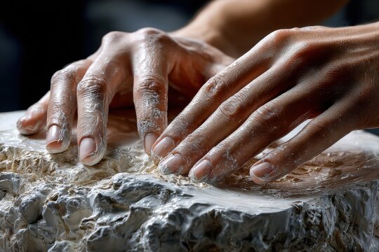 Hands molding white clay on a dark background