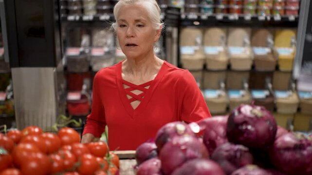 A senior woman smiles as she picks out fresh tomatoes and other produce at her local grocery store. She enjoys her shopping trip.