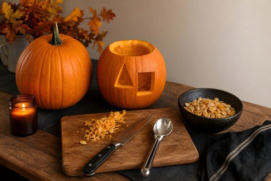 Carved Halloween Jack O Lantern and Whole Pumpkin with Carving Tools on Wooden Table
