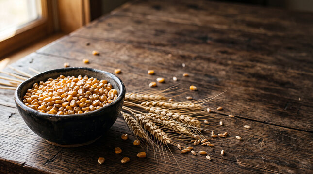 A black bowl filled with yellow corn kernels sits on a rustic wooden table. Wheat stalks are scattered around the bowl, creating a natural, agricultural scene.