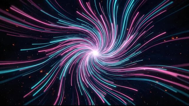 Abstract neon pink and blue light trails swirling into a bright central vortex on dark background