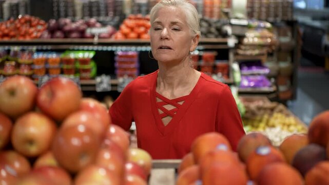 Mature woman enjoys selecting fresh apples and vegetables at the grocery store while smiling and feeling happy.