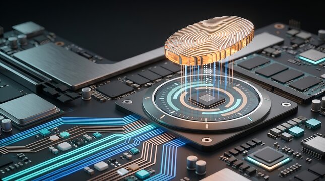 Hardware level biometric security concept with glowing fingerprint hovering above central processing unit on circuit board