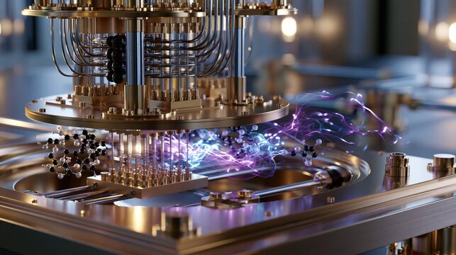 Quantum computer showing process of quantum bits and energy flow in a lab environment with glowing elements