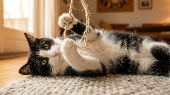 Playful black and white cat lying on a rug and playing with a toy.