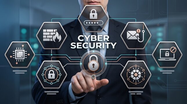 Chief information security officer interacting with holographic cyber defense dashboard showing firewall phishing and endpoint protection icons