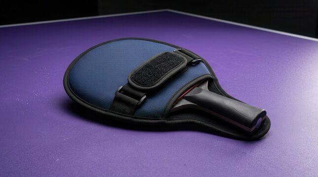 Table tennis racket in protective case resting on a purple table surface, showcasing the sleek design and vibrant colors of the equipment for sports enthusiasts