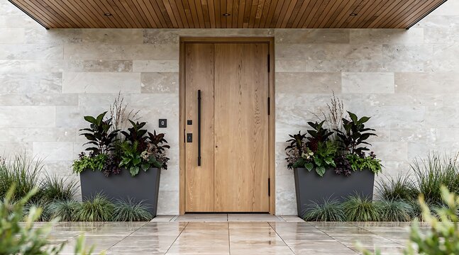 Modern wooden front door with stone facade and potted plants.