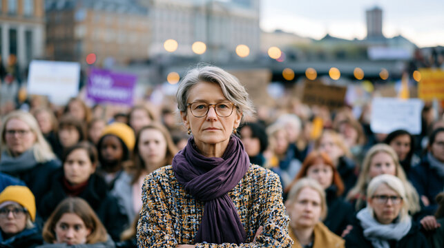 A crowd of women fill a city square holding hand-lettered signs and linking arms, faces resolute and powerful, a dramatic overcast sky above them, capturing International Women's