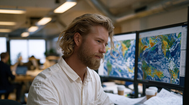 Atmospheric scientist loads satellite thermal imaging files into a climate modeling workstation, dual monitors displaying ocean temperature anomaly maps and carbon flux