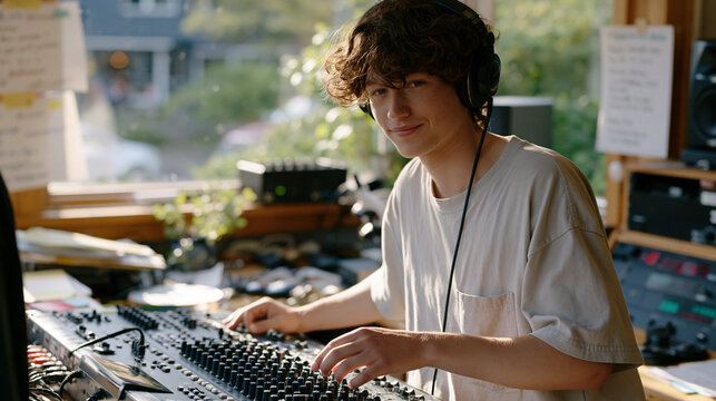 Community radio volunteer adjusting a large mixing board in a cluttered small-town broadcast booth, handwritten playlist tacked to the wall, local programming, grassroots media,