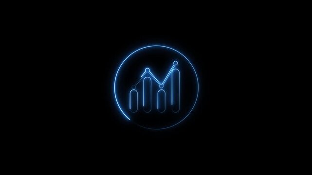 Blue neon statistics data animation loops circle chart graphic bars. Neon statistics line graph display tracks marketing business. Data animation layout loops perfectly.