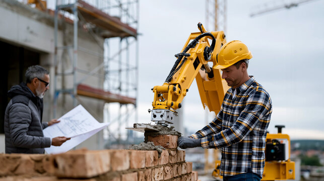 Construction robot systematically lays bricks along rising wall at outdoor building site under overcast sky, mortar dispensed with repeatable precision, human site manager