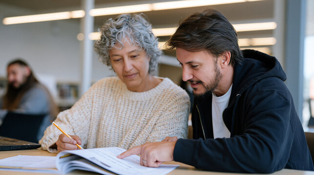 Literacy tutoring volunteer seated beside an adult learner at a library table under fluorescent lighting, pointing to a sentence in a workbook, one-on-one reading instruction,
