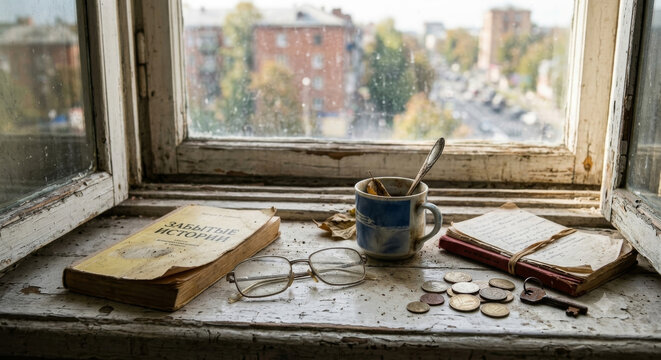 Ventana con vista a la ciudad, libros abiertos, taza y monedas sobre un alf&eacute;izar lleno de objetos