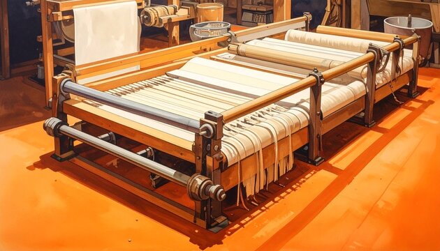 Traditional wooden weaving loom in a workshop setting.