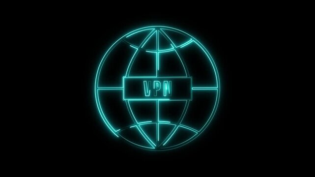 Glowing VPN globe network icon animation displays proxy server nodes. VPN globe international connection icon glows on dark background. Network icon animation loop is clean.